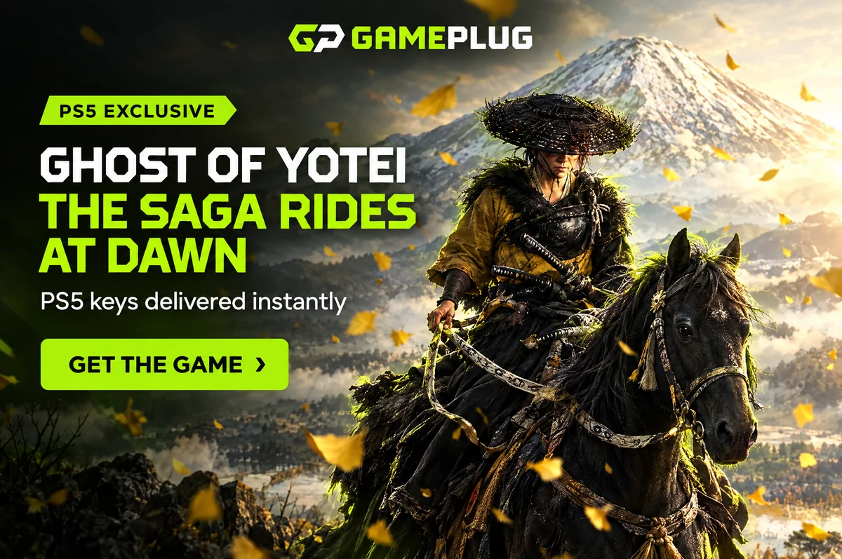 Ghost of Yotei — the saga rides at dawn. PS5 keys on Gameplug