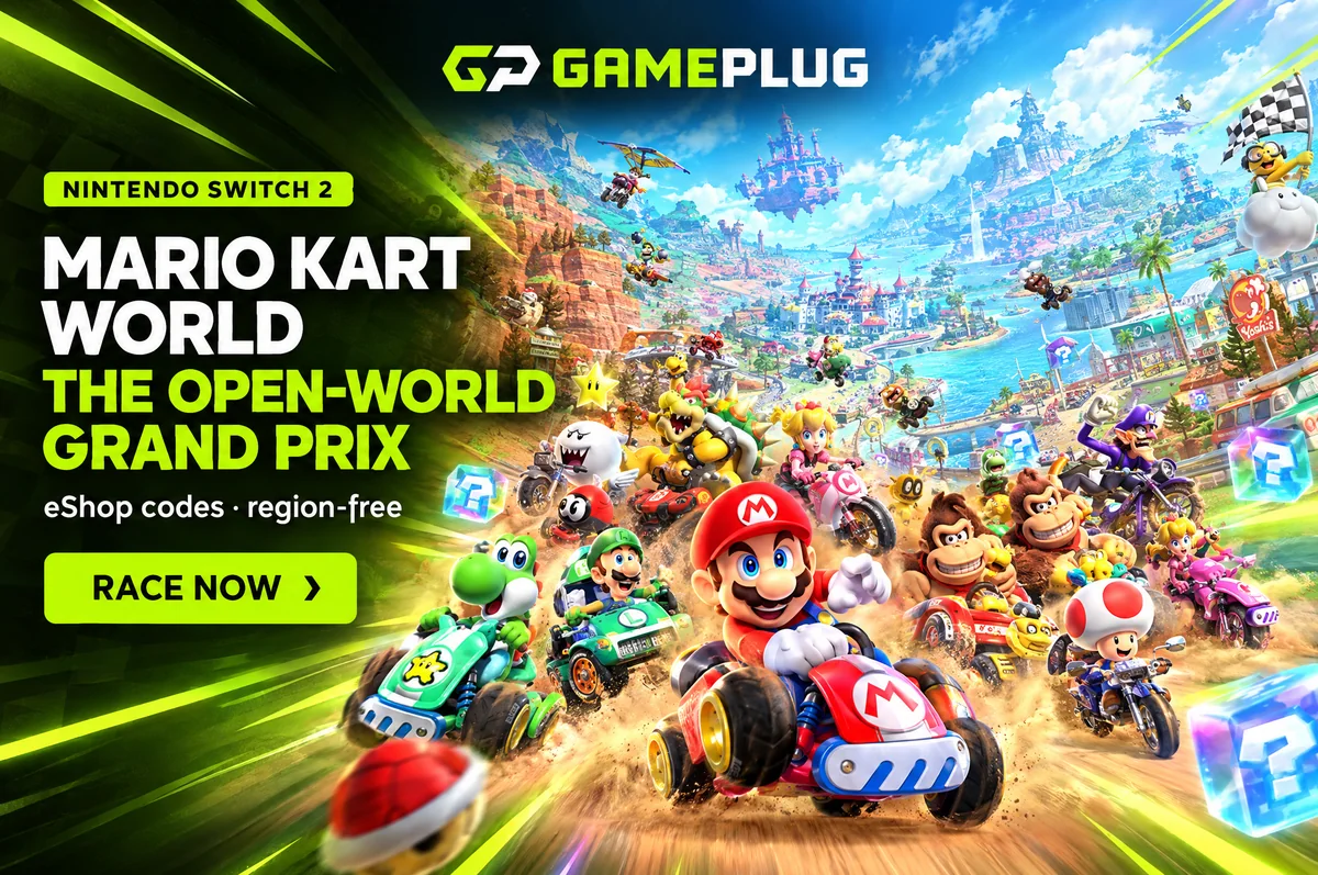 Mario Kart World — the open-world Grand Prix. Switch 2 eShop codes on Gameplug